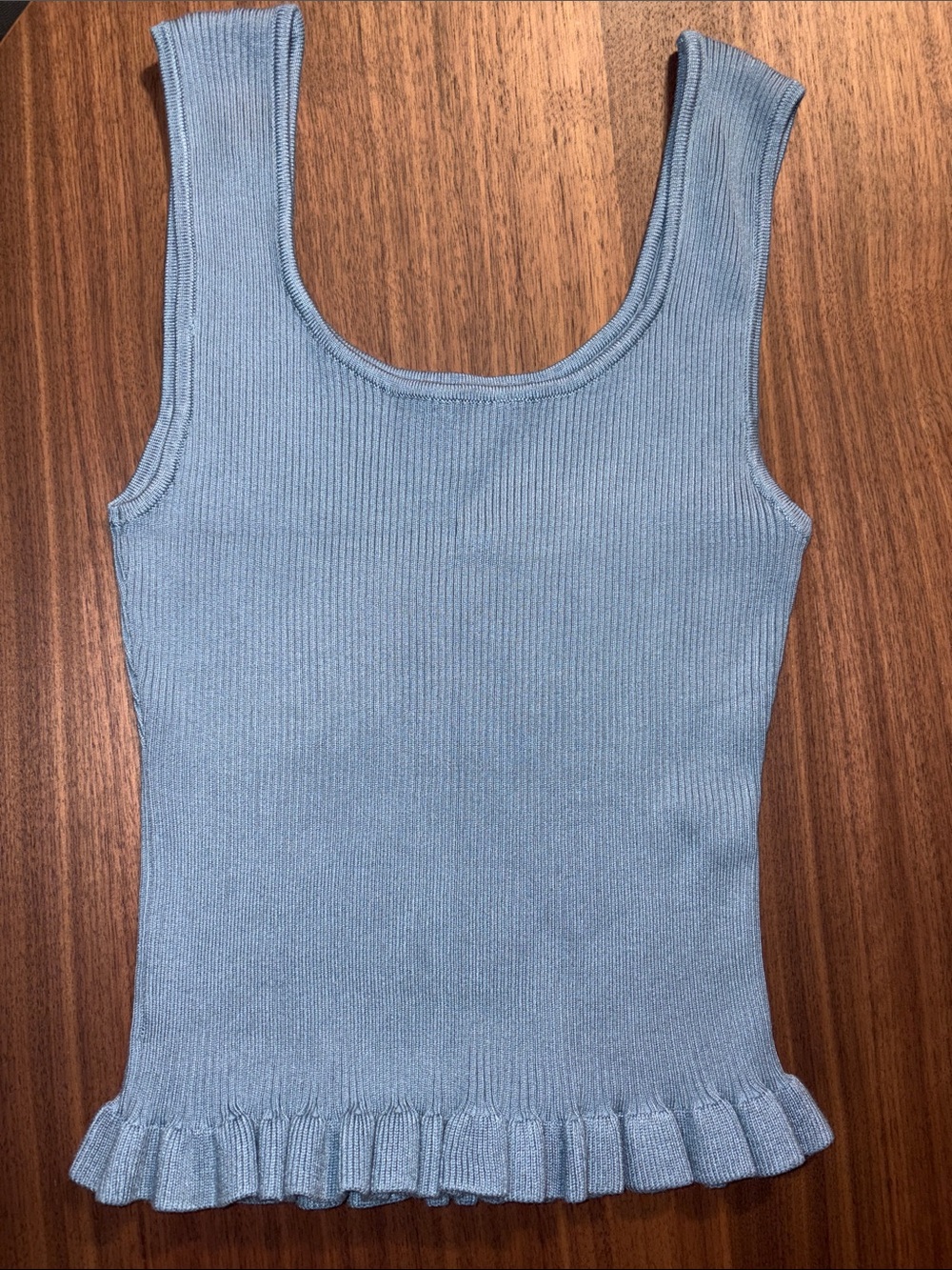 Ribbed Light Blue Scoop Neck Tank with Ruffle Hem